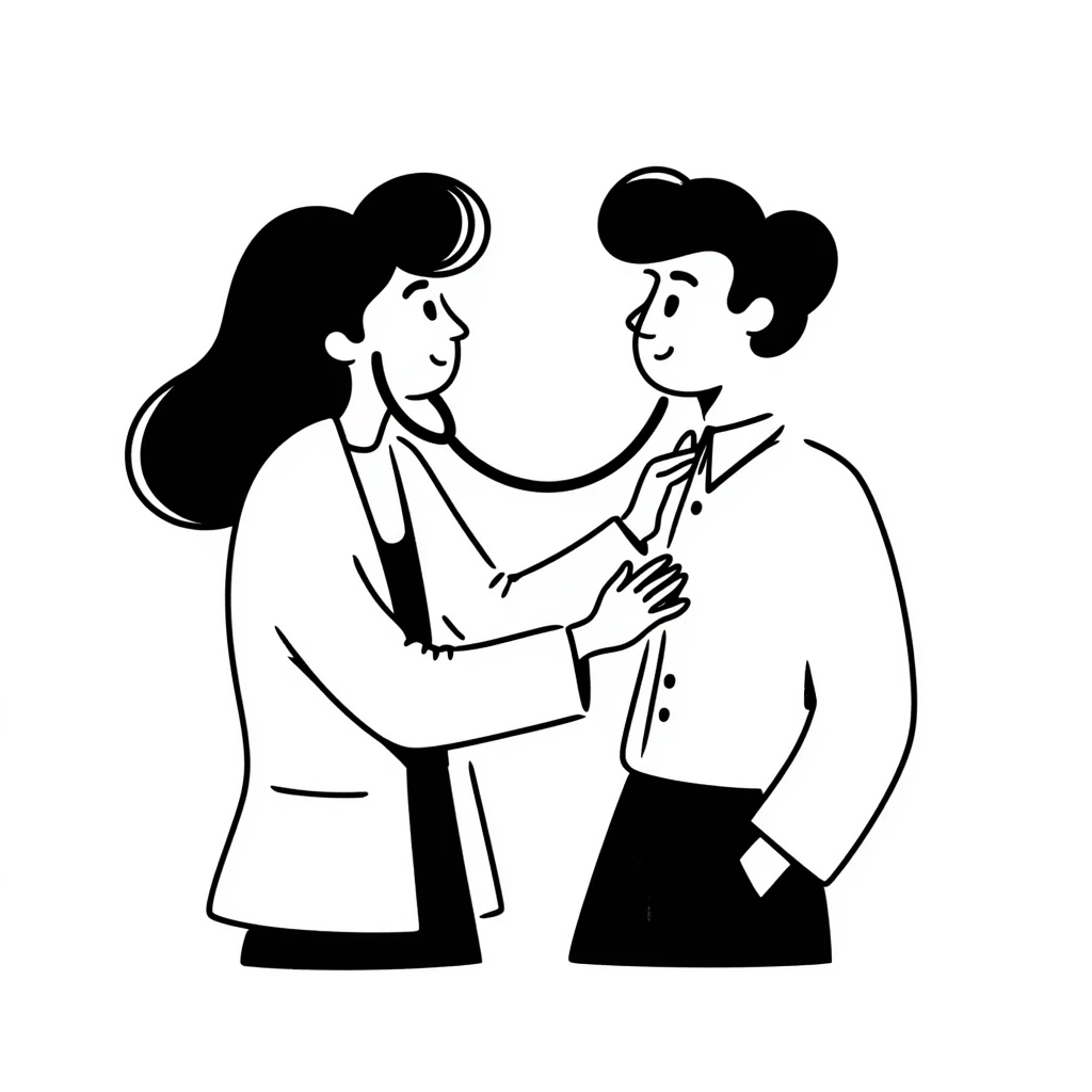 Female doctor in medical attire performing thorough examination of male patient's upper body, checking heart and lungs with stethoscope emoji