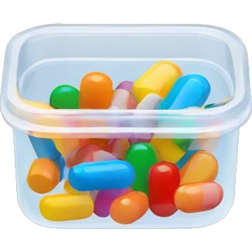 Small translucent plastic container with colorful pills inside emoji