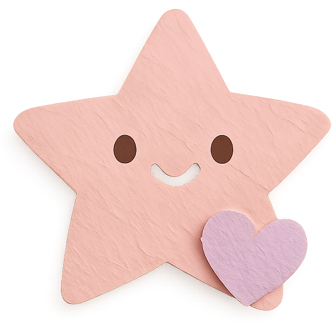 happy pastel pink star with a tiny pastel heart in front, no arms or legs, full body, transparent background, kawaii paper craft style emoji