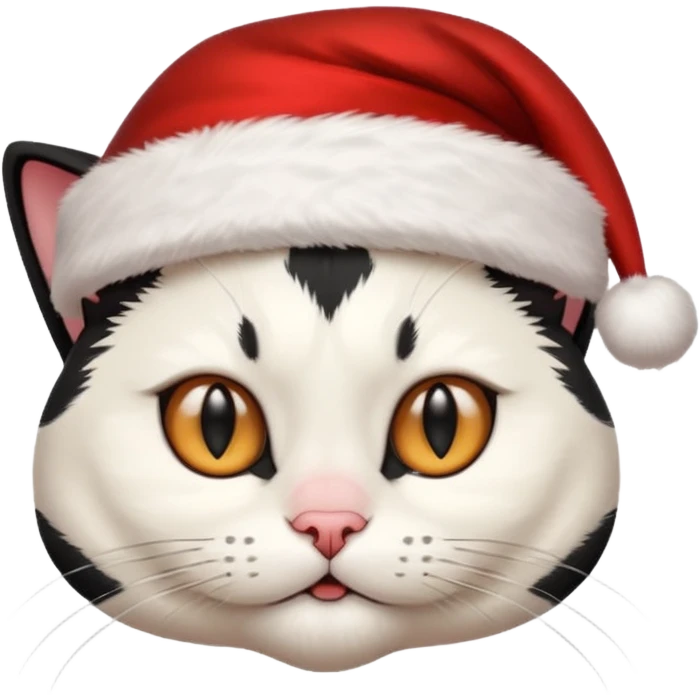 white and black cat face wearing a santa hat emoji