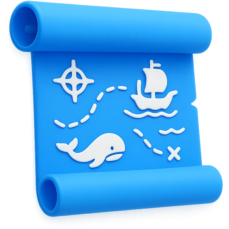 A map scroll emoji with a nautical theme, featuring a blue background, ship routes, and sea creatures. emoji