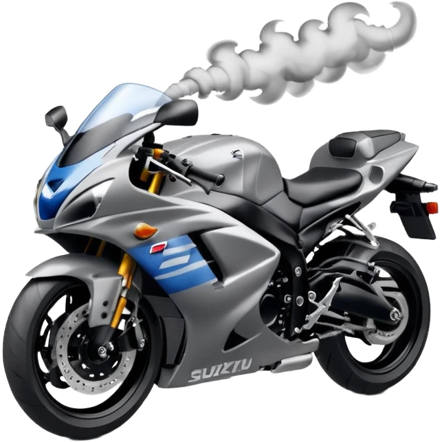 the word 'Sakqu' formed from wisps of smoke, floating above a realistic Suzuki GSXR 1000 motorcycle, emoji style emoji