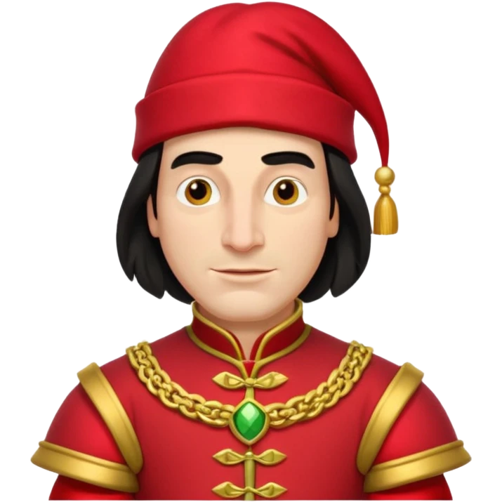 lord farquad avec un chapeau rouge plat sur le dessus, il a un vetement rouge avec des manches bouffantes rouge et dorée emoji