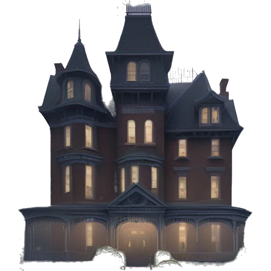 Fantastic Wide full view, A very roomy ramshackle Victorian Addams’s mansion looms through light fog at midnight  emoji