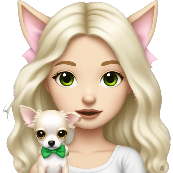 pale blonde girl with long platinum white wavy hair with bright green eyes and wearing a light pink hair bow holding a black and white long haired chihuahua puppy also wearing a hair bow emoji