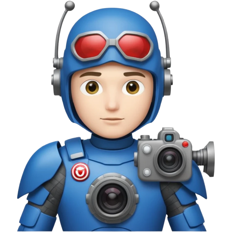 Un photographe high tech, une armure de terrain à la super héro. Il a des appareils photos, des caméras embarquées et un drone  emoji