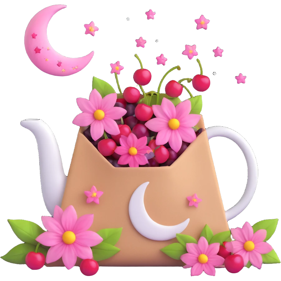 a tea bag with pink flowers, cherries, and a moon and stars, light blue background emoji