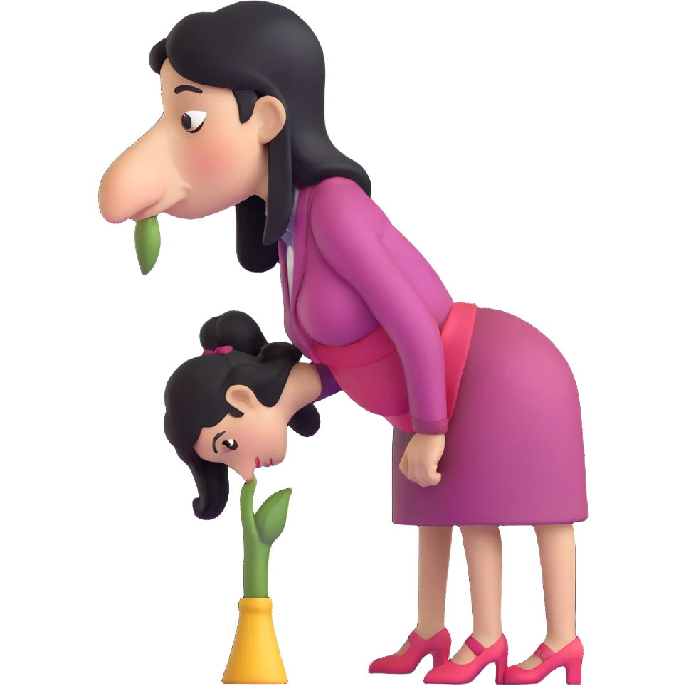 woman bowing on a giant nose emoji