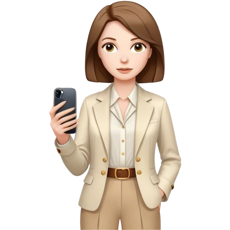 pale skin woman with brown Straightened bob Hair, White Spacious classical jacket, beige palazzo Arrow pants and brown blouse holding white IPhone 15 pro in the hands emoji