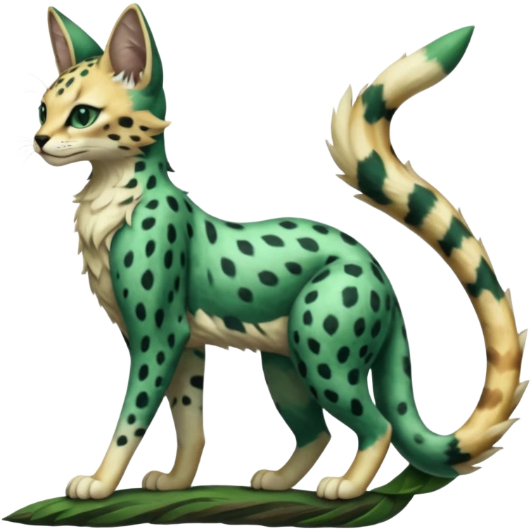 Epic complex detailed dark-emerald-green dark-brown beige pastel realistic aesthetic-scenic-Fakémon-Sprigatito-Floragato-Meowscarada-Trico-Sergal-Serval-Vernid-creature (full body) emoji