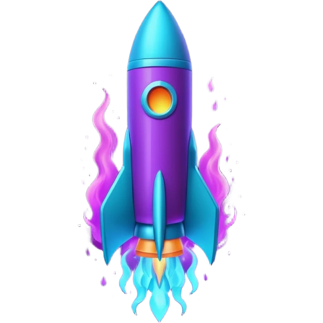 futuristic minimalistic glowing rocket icon, neon purple and cyan flame, dark sci-fi background, 1:1 aspect ratio, no face emoji