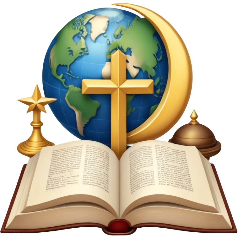 An icon featuring religious symbols like a cross, crescent moon, and star, alongside an open book, symbolizing the study of religion. The design includes a globe and a temple in the background, representing global faith traditions and spiritual exploration. Transparent background emoji
