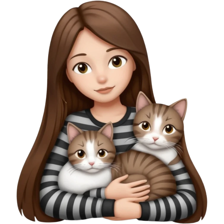 pretty girl with long brown hair snuggling 3 cats: grey and white, brown striped and black and white emoji