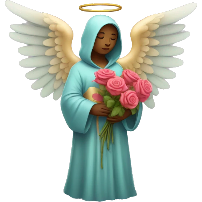sad angel wearing colorful robes holding roses emoji