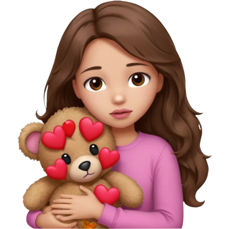 girl with long wavy brown hair, brown eyes, light to medium complexion, in a pink shirt, pink lips, long lashes, sad, hugging a teddy bear with a  heart emoji