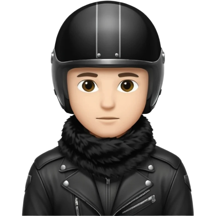 un homme avec un casque de moto totalement noir avec une écharpe en fourrure noir une chemise blanche et une jacket noir emoji