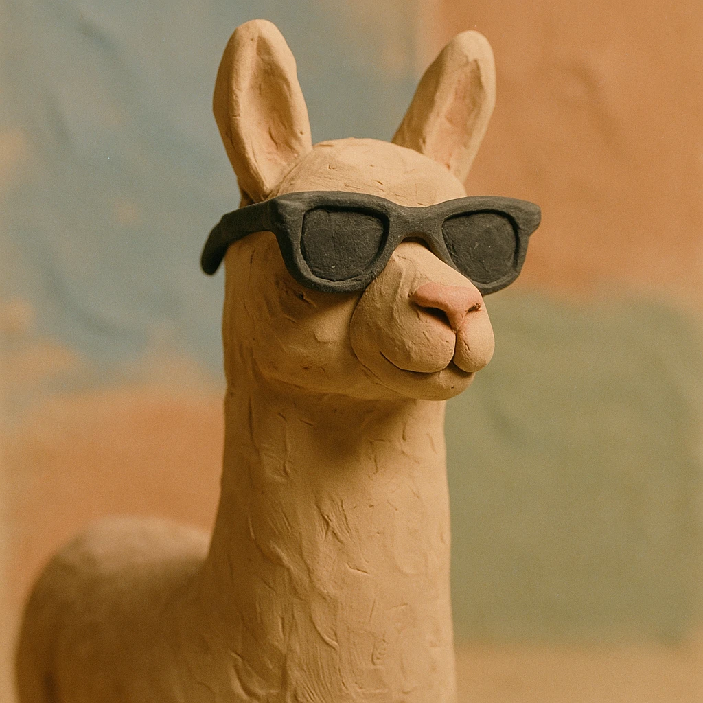 a llama with sunglasses, claymation style, matte plasticine, visible fingerprints, pastel colors emoji