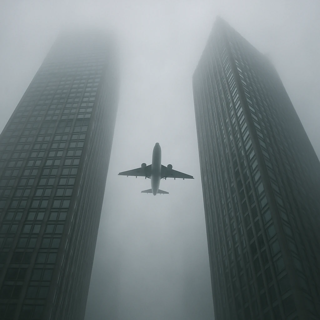 two skyscrapers and a plane that flyes to them, realism style, foggy emoji