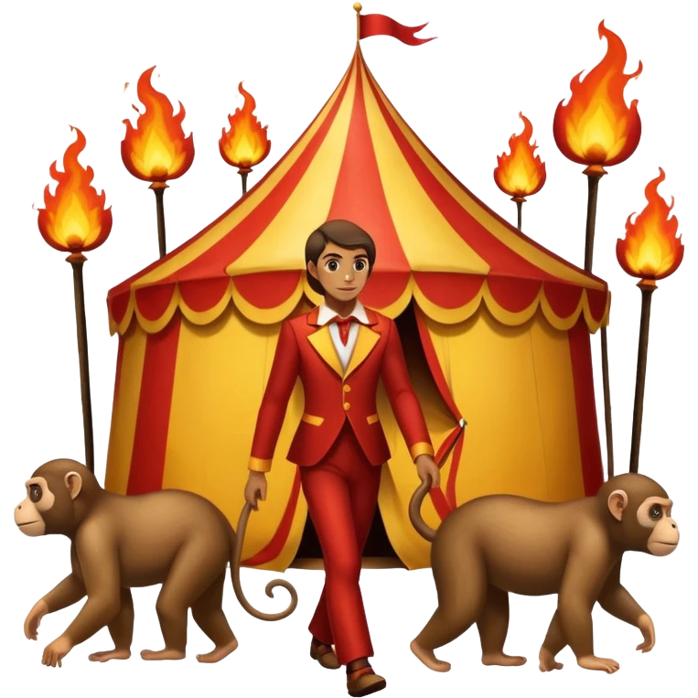 A person waking away from a circus big top on fire with monkeys on it emoji