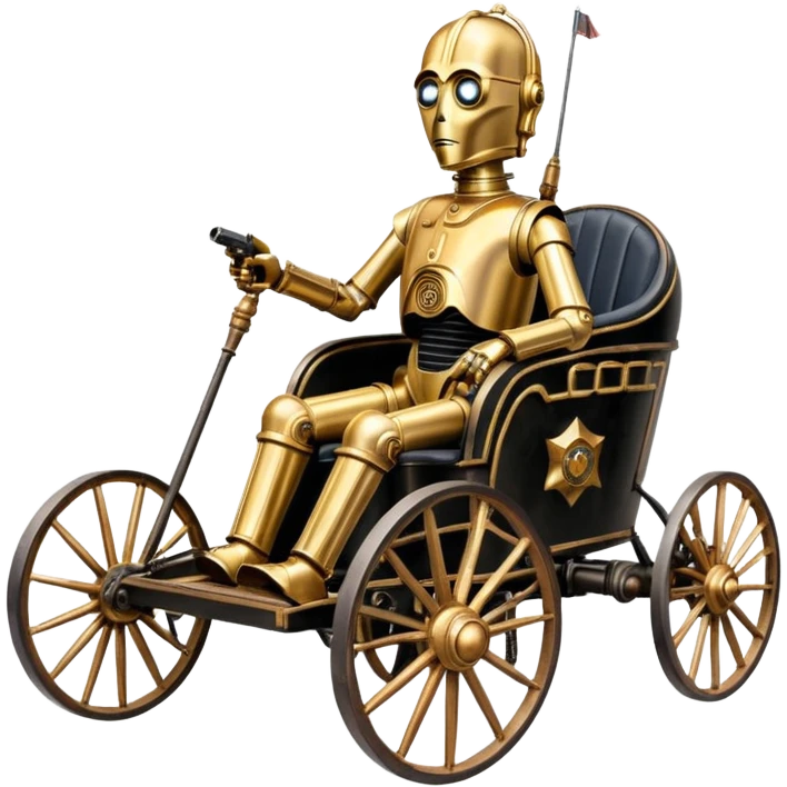 Old American West tarnished C-3PO policeman in 1864 delicately ornate rosegold accents painted buggy powered by electric motors and batteries with safety features and belts  emoji