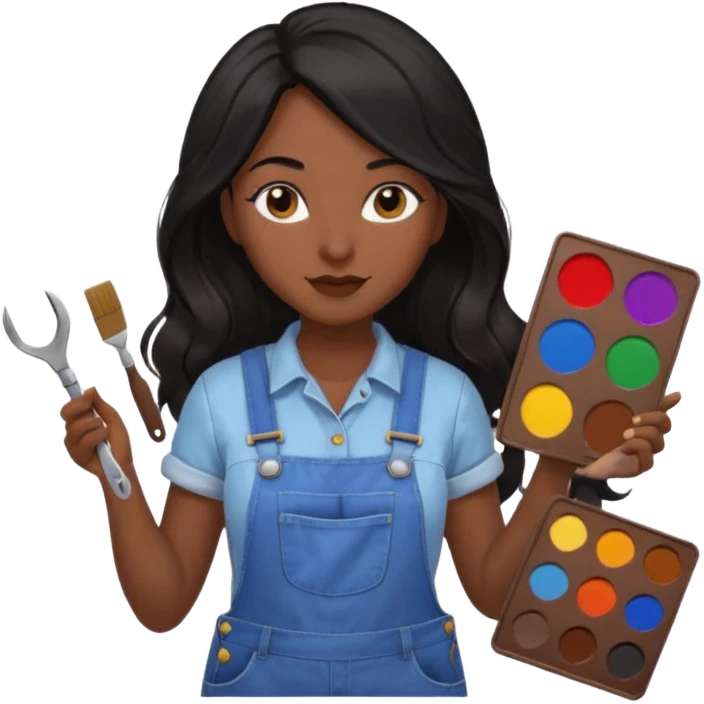 Créame emoji de una mujer que sea diseñadora industrial, pelo negra, piel morena, femenina con overol y una paleta de colores o herramientas de taller piel oscura chocolate cabello largo  emoji