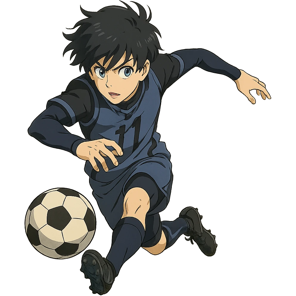 anime soccer player inspired by Blue Lock, dynamic pose, blue and black uniform emoji