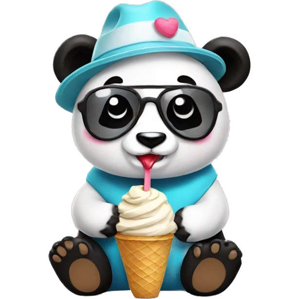 Panda eating ice cream wearing hat and funny googles emoji