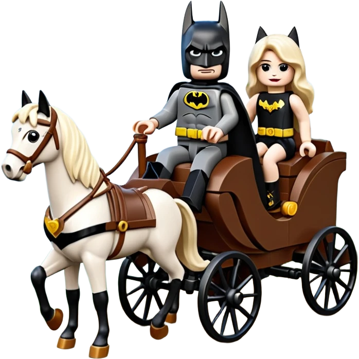  Ultra cute  Lego detailed 1854 Batman and pretty Catgirl driving a horse drawn family-size Caravan alone together on a romantic trail in the woods  emoji