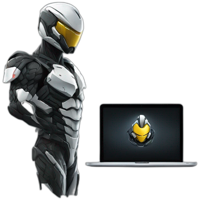 Side view developer behind his laptop with this style : Crytek Crysis Video game with nanosuit hacker themed character emoji