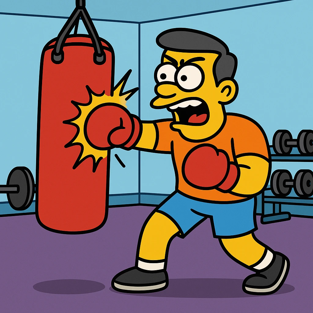 Hit a punching bag – to punch a padded bag for exercise or stress relief.
He went to the gym to hit a punching bag and blow off steam. Background Gym
 emoji