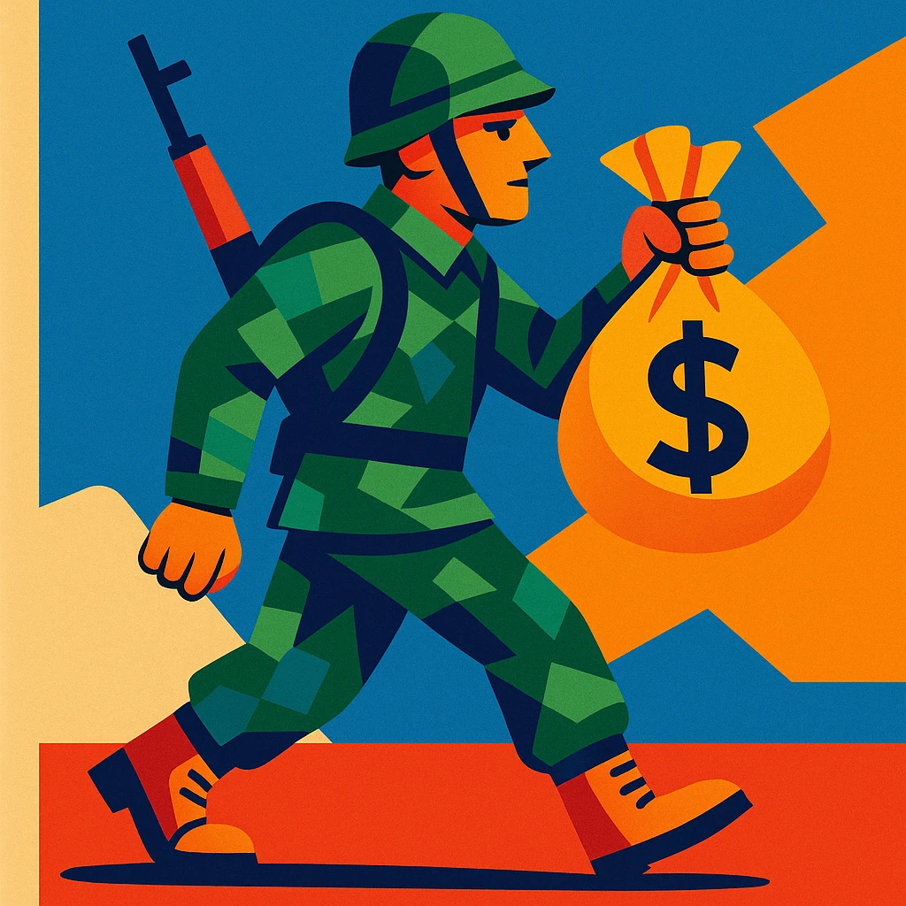 modern illustration of a soldier walking while holding a bag of money emoji