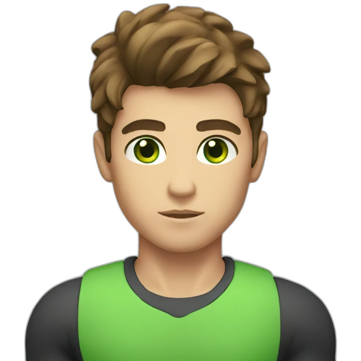 Boy, brown hair, green eyes, muscular body, serious face emoji