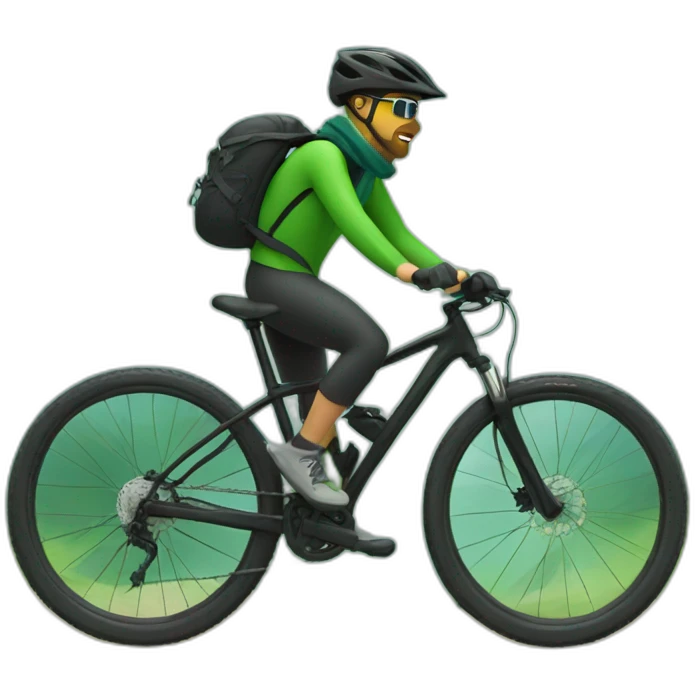mountain biker without a backpack, with a green bicycle, with a scarf, hat and dark clothing, traveling at high speed emoji