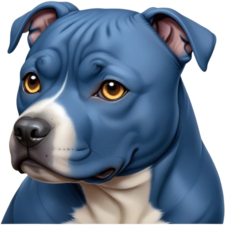 Cinematic Noble Blue Staffordshire Bull Terrier Portrait Emoji, Poised and regal, with a compact, muscular build and a sleek, well-groomed blue Fur, deep-set soulful dark eyes, Simplified yet sharp and sophisticated features, highly detailed, glowing with a soft, dignified glow, high shine, intelligent and loyal, stylized with an air of strength, focused and attentive, soft glowing outline, capturing the essence of a watchful and confident guardian, so majestic it feels as though it could stride out of the screen with effortless authority! emoji