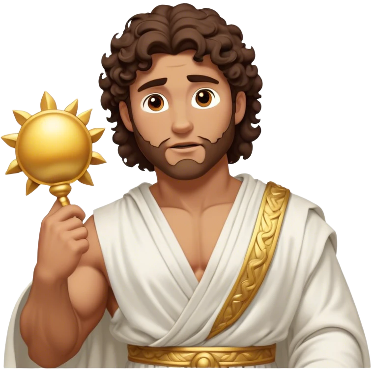 Cinematic Realistic Hercules Portrait, depicted as a classical Greek hero inspired by the Disney version yet echoing the refined proportions and serene dignity of Michelangelo's David. His idealized, sun-kissed tan skin glows with timeless strength, and his thick, curly wavy dark brownhair falls in natural, sculpted curls. Draped in a flowing white robe with delicate golden accents, his expressive eyes radiate determined nobility, all rendered under dynamic natural lighting with a mythic, radiant glow. emoji