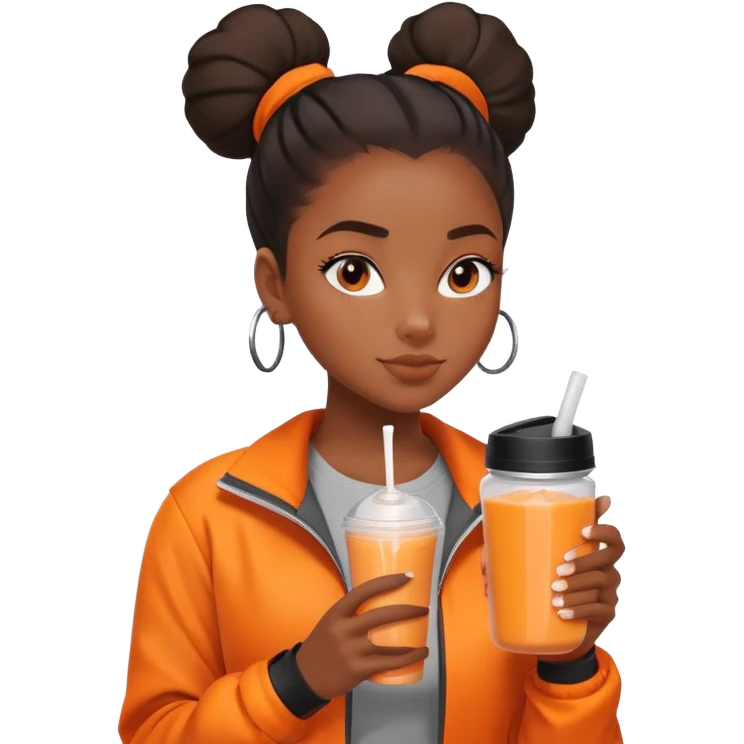 Black girl with orange jacket drinking pre workout shake middle part slick back bun emoji