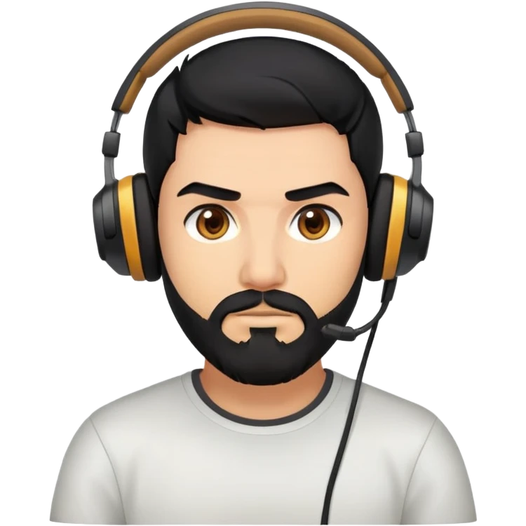 Serious gamer face with black hair, brown eyes, black beard, wearing gaming headset emoji