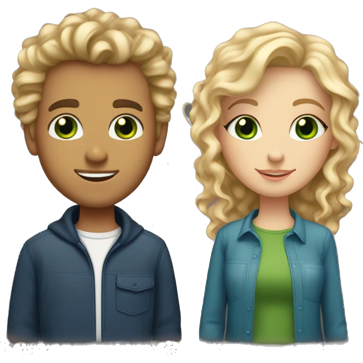 dating couple, boyfriend with dirty blonde curly hair and blue eyes, girlfriend with straight blonde hair and green eyes emoji