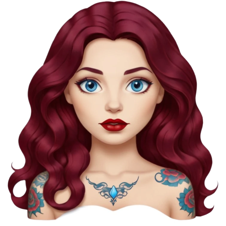  Female long wavy dark burgundy hair, blue eyes, large red lips, tattooed, artist emoji
