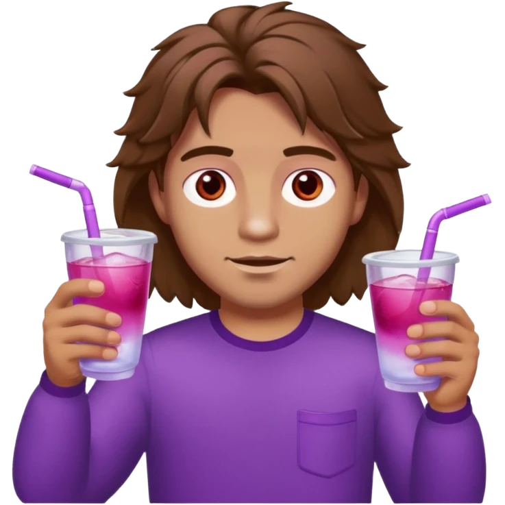 Man with fluffy mid long brown hair have in his hands double cup with pink-purple water with ice, man’s eyes are red , and his eyes has hazel colour  emoji