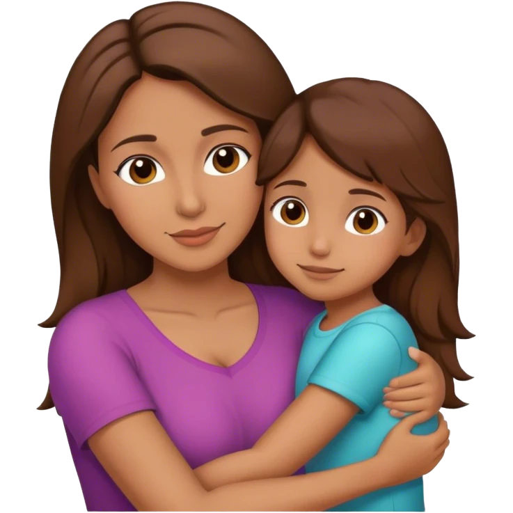 Hispanic mother and little daughter brown hair hugging emoji