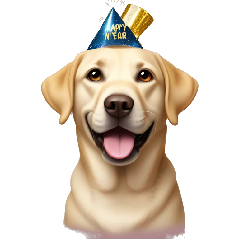 Labrador wearing new years eve Party hat with happy new year emoji