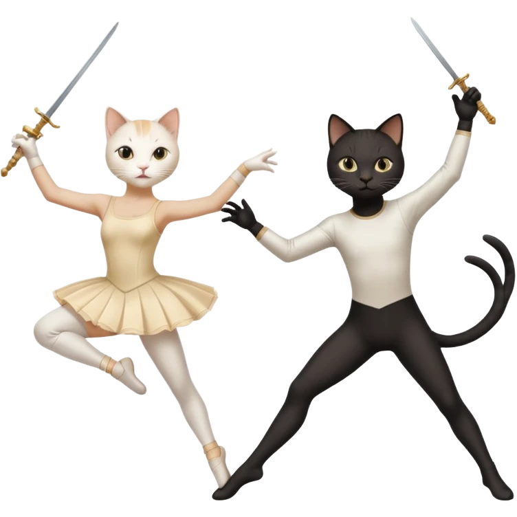 A white female cat doing ballet and a black male cat doing fencing emoji