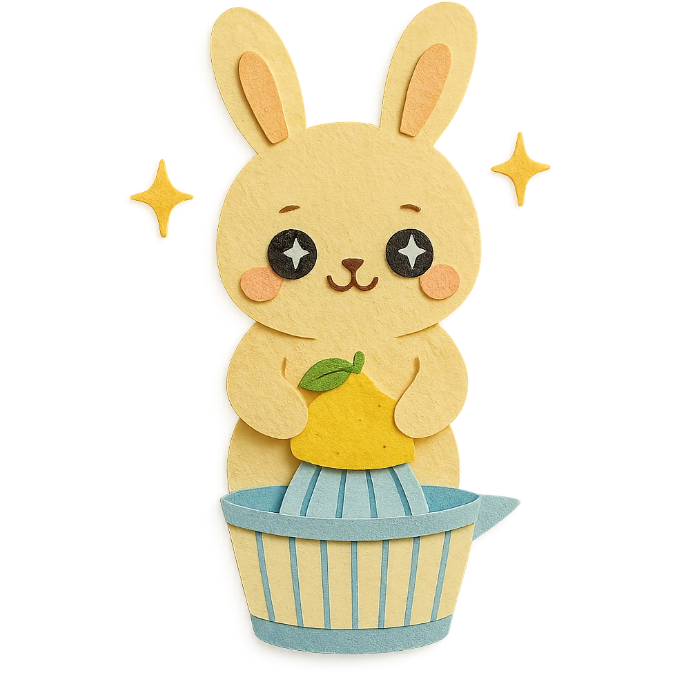 kawaii citrus juicer bunny squeezing a lemon, sparkling happy eyes, soft yellow, full-body emoji