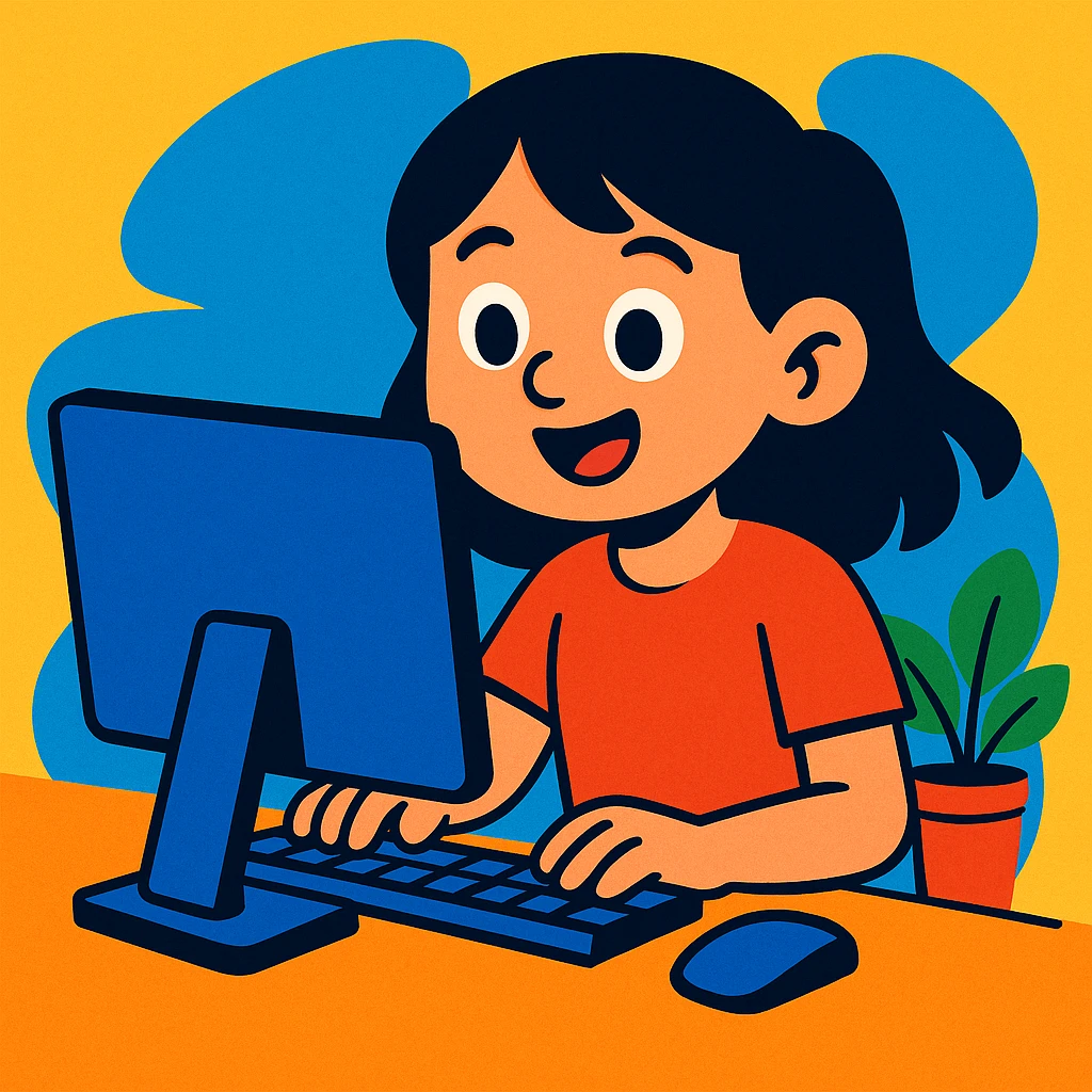 girl with black hair working on a computer, vibrant and friendly style emoji