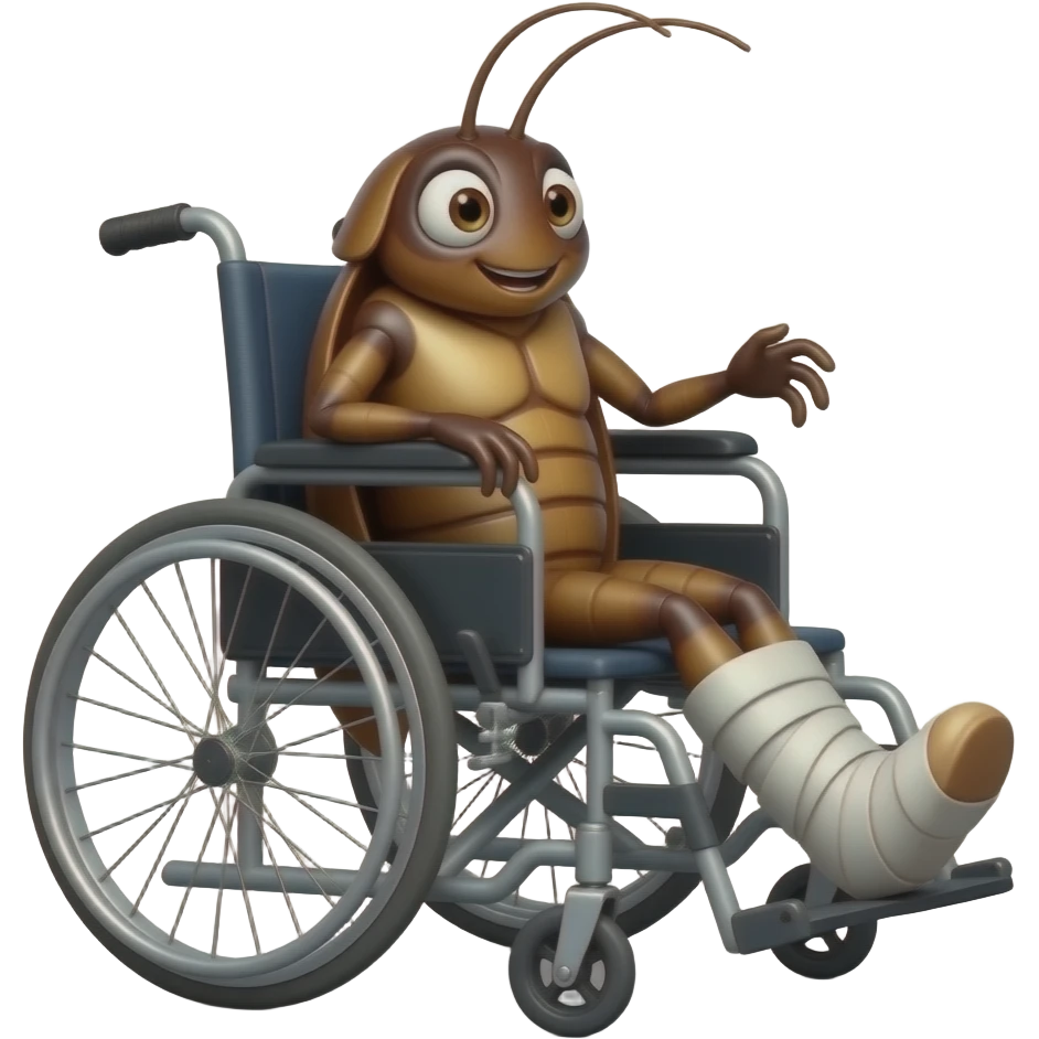 cucaracha en silla de ruedas con un yeso en su pierna derecha emoji