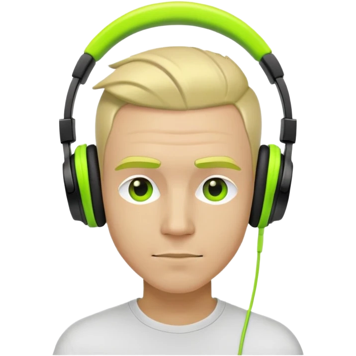 yellow-skinned guy head with slicked back black undercut hair and neon green headphones emoji