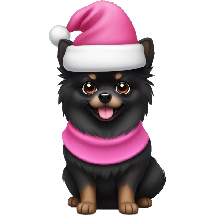Black Pomeranian wearing a pink Santa hat emoji