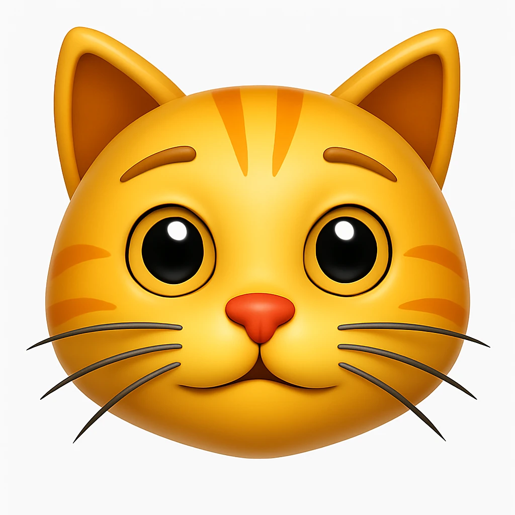Remove the antenna thing on top of the cat's head. Keep the image exactly the same otherwise. Add a subtle highlight to the fur. The style is iOS emoji style, 3D, shiny, smooth gradients, soft shadows, realistic cat face, classic emoji look. emoji