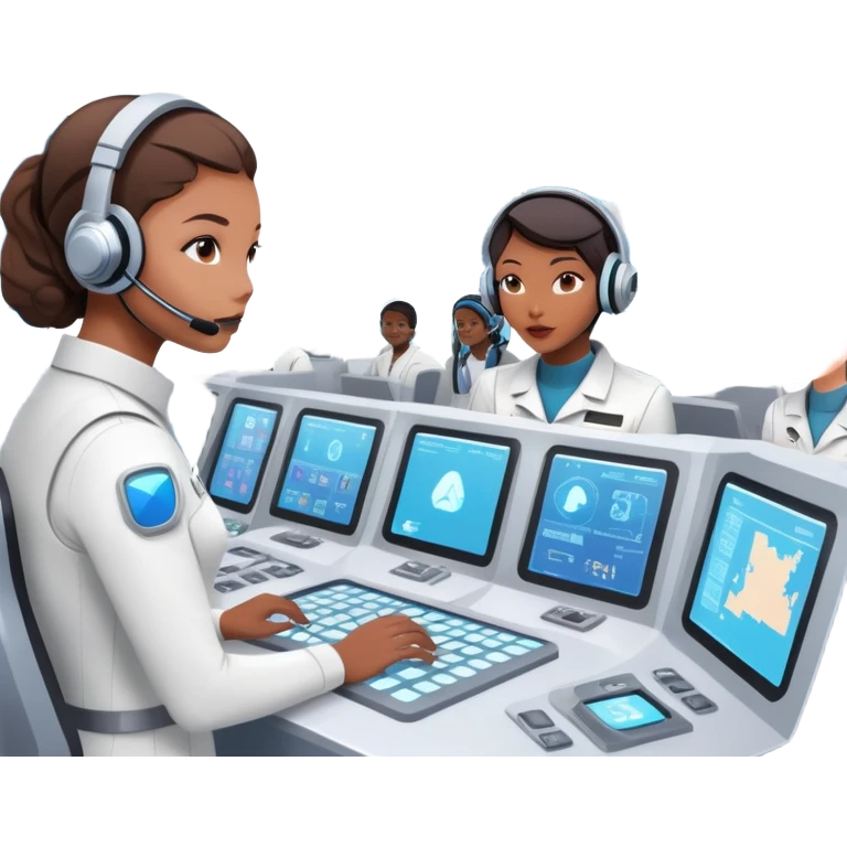 futuristic space mission control room with holographic displays and mission controllers at stations emoji